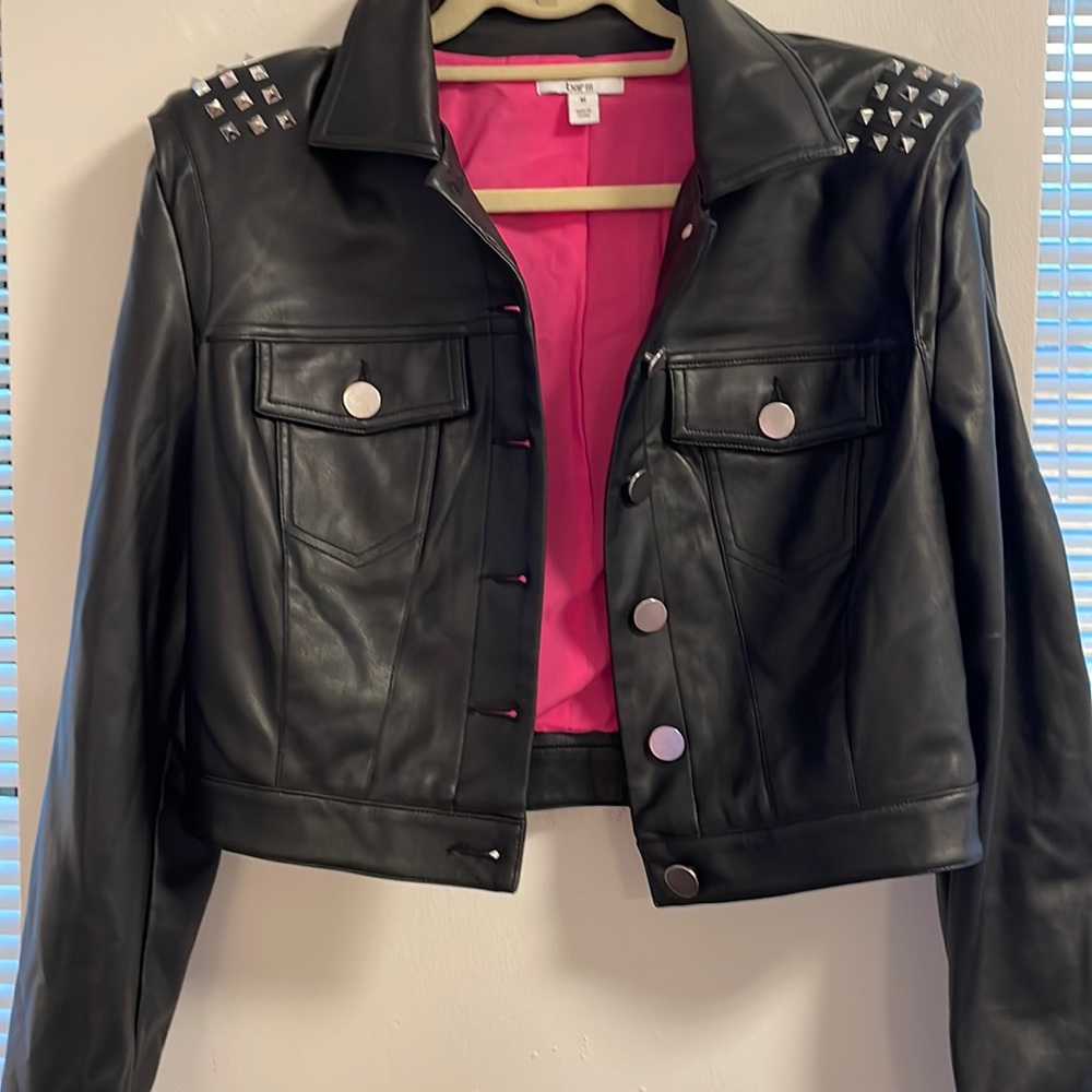Bar III Studded-Shoulder Black Faux-Leather Jacket